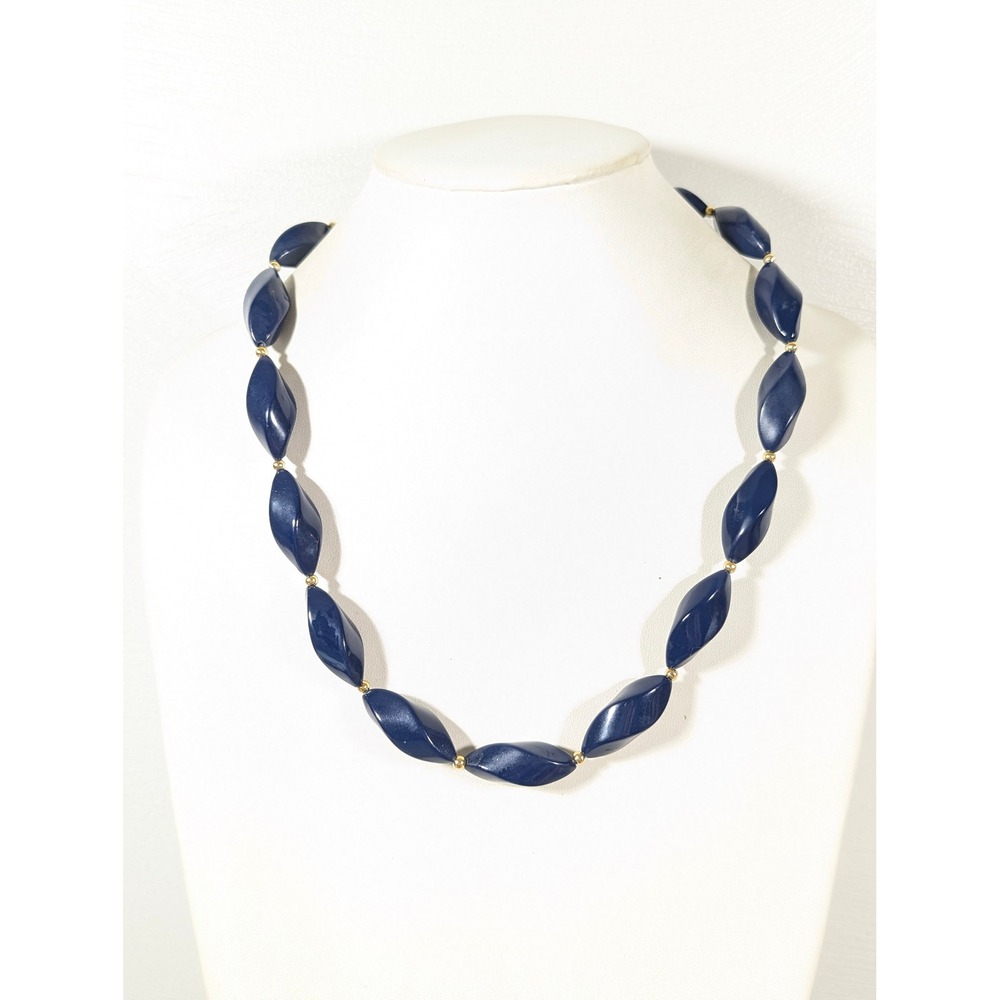Vintage Trifari Blue Twisted Lucite Bead Necklace Gold‎ Tone 24 In Signed